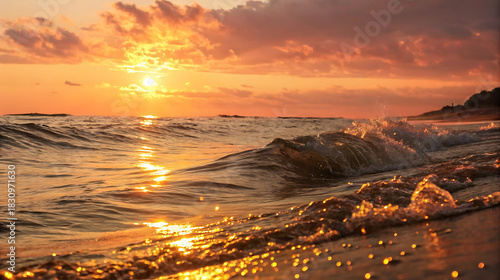 Fototapeta Naklejka Na Ścianę i Meble -  Golden sunset over ocean wave washing onto sandy beach