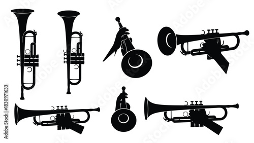 Flat vector illustration of black trumpet and brass instrument silhouettes, some held by hands, depicting music,, isolated on white background