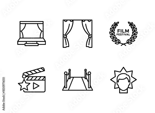 Stage Curtain Film Festival Premiere Red Carpet Movie Star Minimal Bold Line Icon Set