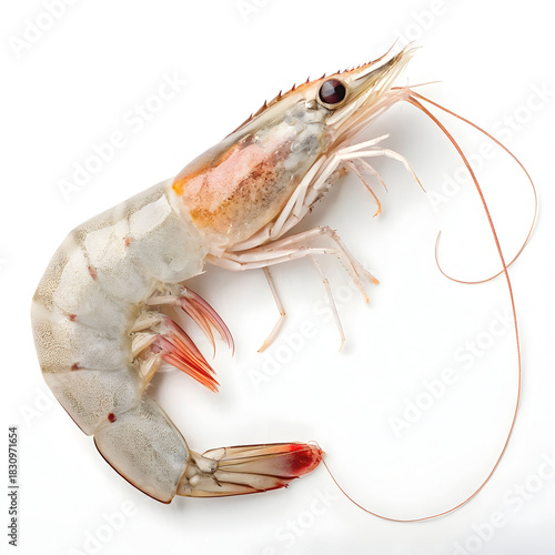 Raw single shrimp isolated on white background showcasing fresh seafood ingredient ideal for cooking, recipes, gourmet dishes,