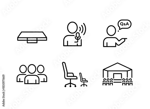Stage Speaker Moderator Panelist Audience Chair Conference Hall Minimal Bold Line Icon Set
