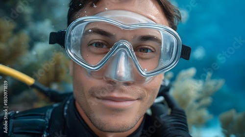 Fototapeta Naklejka Na Ścianę i Meble -  A close up portrait of a man in a scuba mask smiling underwater amidst a coral reef