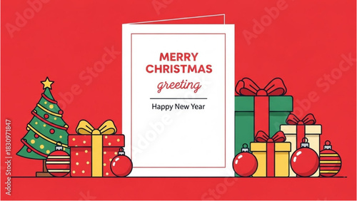 Christmas Card with Gifts and Decorations on Red Background
