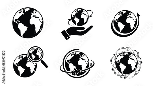 Flat vector monochrome globe icon set illustrating global search, travel, communication, business, environment, and, isolated on white background