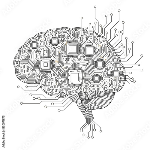 Innovative brain circuit design showcases artificial intelligence, machine learning, and technology concepts, originally designed as vector graphic
