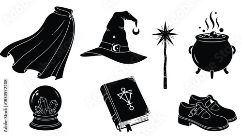 Flat vector illustration of witch's magical items: hat, cape, wand, cauldron, crystal ball, spellbook, and shoes., isolated on white background