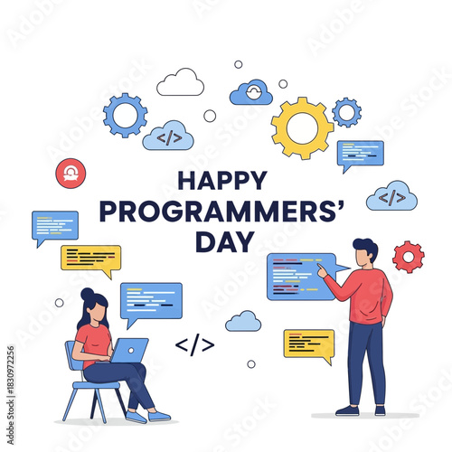 Celebrate Happy Programmers' Day with this vibrant illustration showing teamwork and coding, perfect for tech companies and software developers