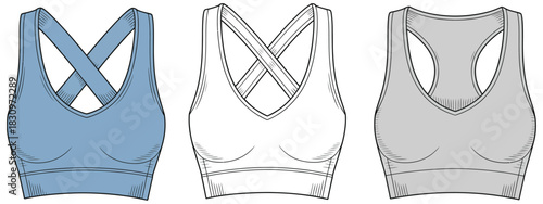 Colorful Sports Bras CAD Drawing Showing Front And Back Views With Cross Back Strap Detail In Flat Vector Illustration Style For Technical Garment Sketch And Activewear Fashion Apparel Design Layout