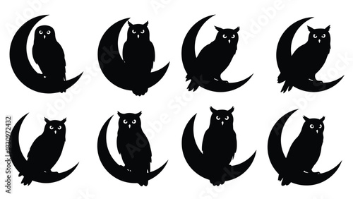 Eight black owl silhouettes with prominent white eyes perched on crescent moons in various poses, minimalist flat vector, isolated on white background