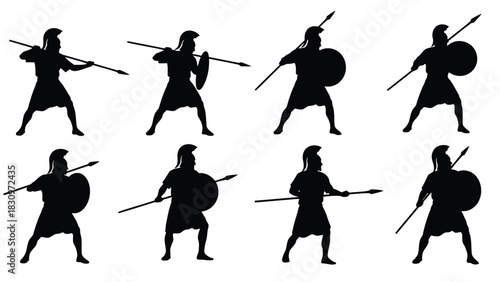 Eight black silhouette ancient Greek or Roman warriors with spears and round shields in dynamic combat poses, a, isolated on white background