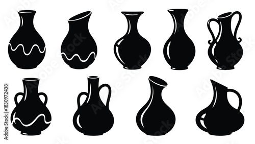 Diverse collection of black vector silhouettes depicting elegant vases and classic pitchers with unique shapes, curved, isolated on white background