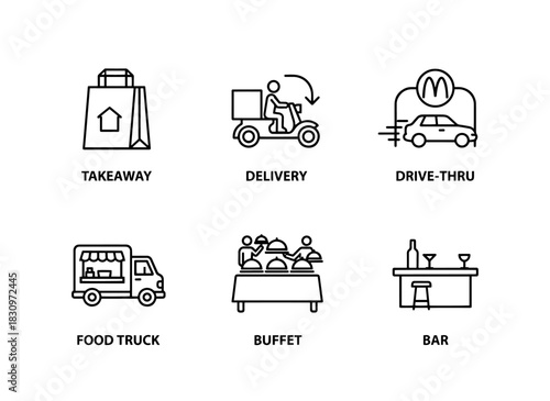 Takeaway Delivery Drive Thru Food Truck Buffet Bar Minimal Bold Line Icon Set