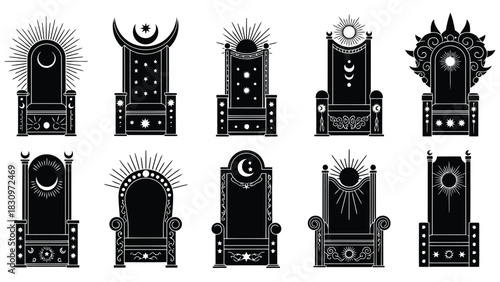 Ornate royal thrones collection, intricately adorned with celestial sun, moon, and star motifs, mystical flat vector, isolated on white background