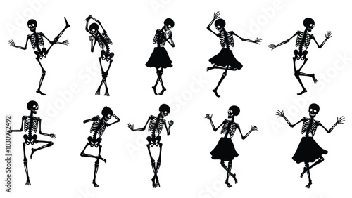 Flat vector illustration of spooky black skeleton characters in various energetic dancing poses, some wearing skirts,, isolated on white background