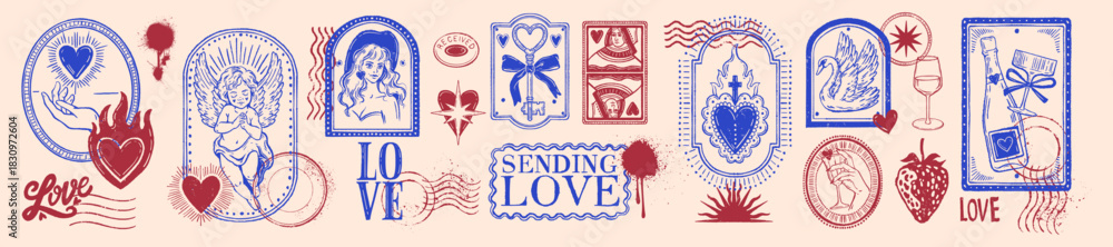 Fototapeta premium Valentine day mail stamp, love holiday postal print, romantic engraving heart vintage illustration. Wedding invitation graphic, cupid angel sign, envelope decor design. Valentine mail ink sticker