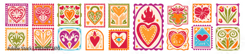 Valentine day stamp set, hand drawn heart postal print, romantic love holiday celebration sticker. Passion letter square badge, geometric greeting festive mosaic sticker. Flower Valentine mail stamp