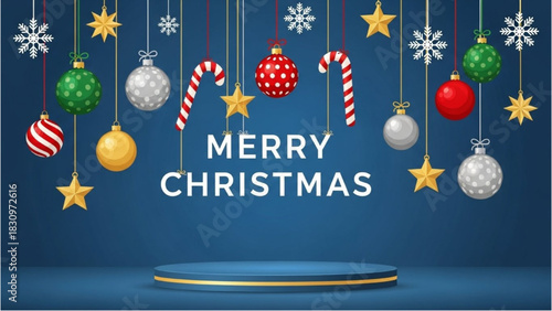 Festive holiday background with hanging Christmas ornaments and a product display podium