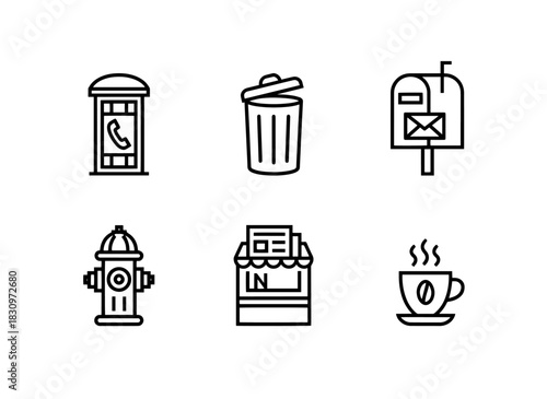 Telephone Booth Trash Can Mailbox Fire Hydrant Newspaper Stand Communication Icon Set