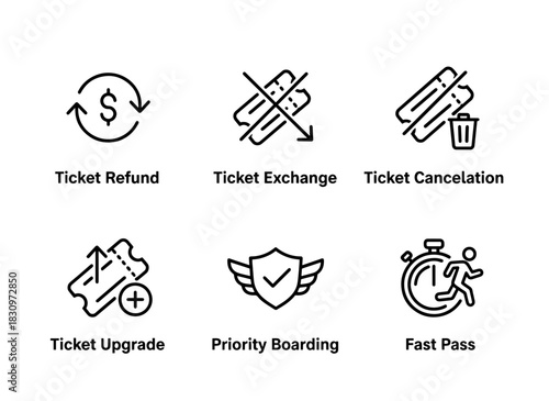 Ticket Refund Ticket Exchange Ticket Cancellation Ticket Upgrade Priority Boarding Minimal Bold Line Icon Set