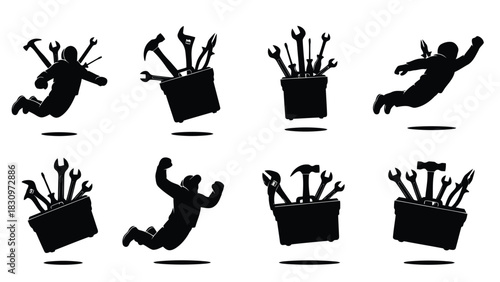 Set of eight black silhouette icons depicting flying mechanics and overflowing toolboxes featuring hammers and, isolated on white background