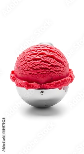A vibrant scoop of raspberry ice cream in a silver bowl.