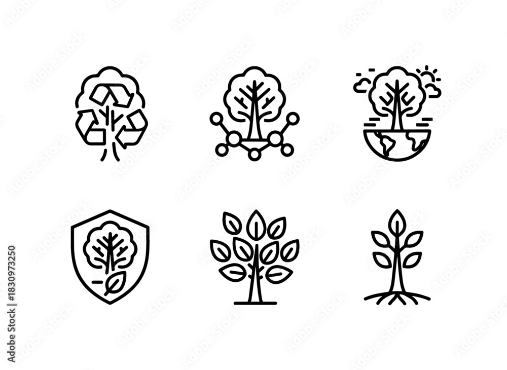 Fototapeta premium Tree and Recycling Tree and Ecology Tree and Environment Tree and Conservation Minimal Bold Line Icon Set