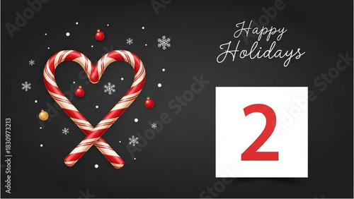 Festive graphic with a candy cane heart, sparkling snowflakes, and holiday ornaments on a dark background