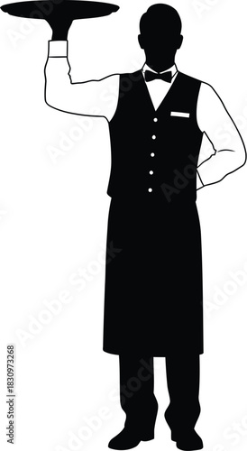 vector illustration of a waiter silhoutte holding the trey upside