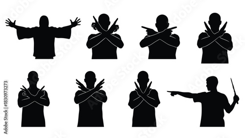 Collection of diverse male silhouette gestures showing stop, rejection, pointing, and magic wand commands in a set of, isolated on white background