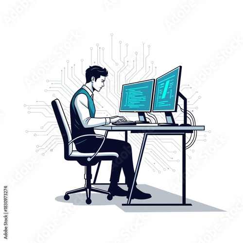 Modern developer coding on dual monitors, creating innovative software solutions, a great visual for technology startups and cutting edge IT companies