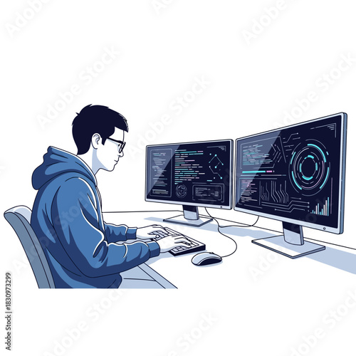 Focused programmer coding with dual monitors displaying data visualizations, embodying modern technology and innovation, perfect for tech startups and developers
