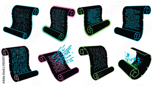 Set of eight glowing digital scrolls representing blockchain data, smart contracts, and encrypted information with neon, isolated on white background