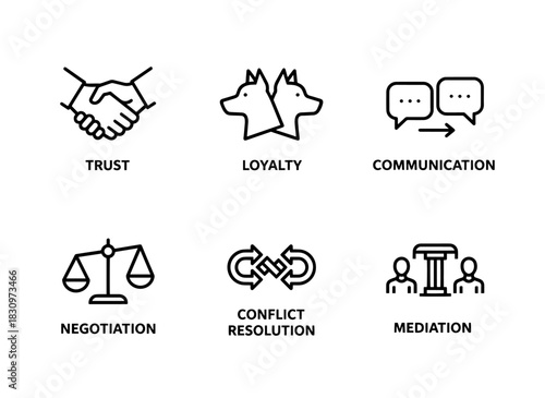 Trust Loyalty Communication Negotiation Conflict Resolution Mediation Minimal Bold Line Icon Set