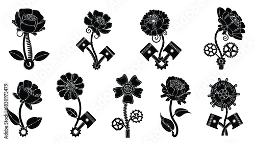Collection of eight black silhouette vector icons representing mechanical steampunk flowers incorporating gears pistons, isolated on white background