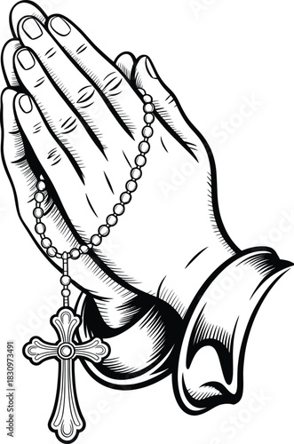 Black and white illustration of praying hands gently holding a rosary beads symbolizing faith and devotion
