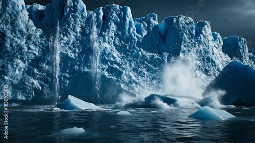 Icy landscape with melting glacier and dark water reflection