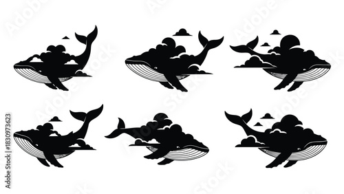 Black silhouette of a majestic whale composed entirely of fluffy white clouds swimming through the empty sky,, isolated on white background