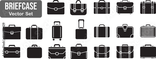 black briefcase  set design with handle and latch illustrated on a plain white backdrop, 19 different style briefcase vector design for personal use or company, unique & clean design set. 