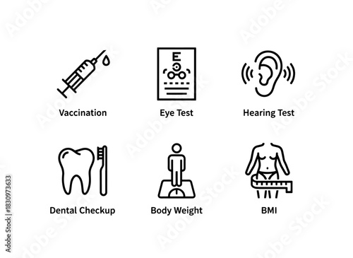 Vaccination Eye Test Hearing Test Dental Checkup Body Weight BMI Minimal Bold Line Icon Set