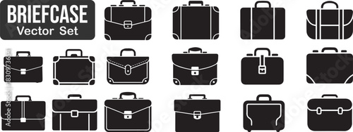  Sixteen briefcase vector silhouette design  set for company , personal, suitcase, box, bag, simple & minimal set design,  Solid, filled icon set of briefcase designs. 