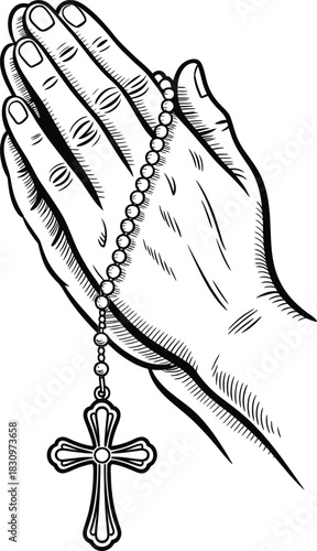 Monochromatic illustration of devout hands clasped in prayer holding a rosary beads symbolizing faith and spirituality