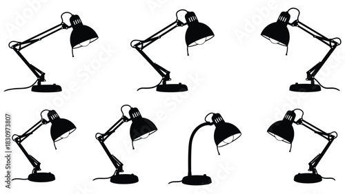 Collection of adjustable black silhouette desk lamps with articulated arms showing various lighting positions and styles, isolated on white background