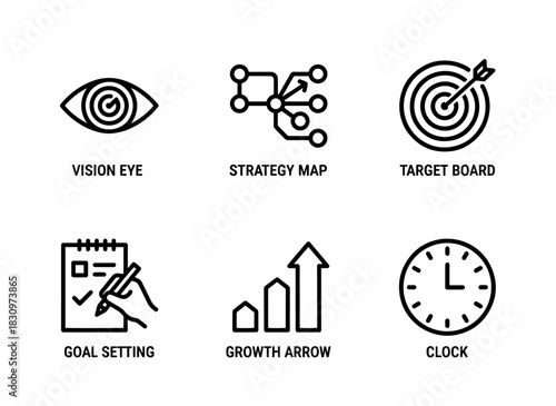 Vision Eye Strategy Map Target Board Goal Setting Growth Arrow Icon Set