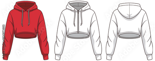 Cropped Hoodie CAD Drawing Displaying Front And Back Views In Color And Outline Versions Rendered As Clean Flat Vector Illustration For Technical Fashion Sketch, Streetwear Clothing Layout