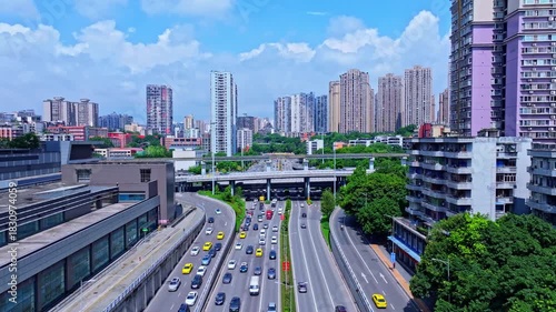 Busy Modern Highways and City Buildings with Heavy Traffic in Urban Metropolitan Area