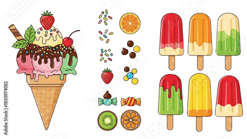 Assortment of Delicious Ice Cream and Popsicle Treats with Various Toppings