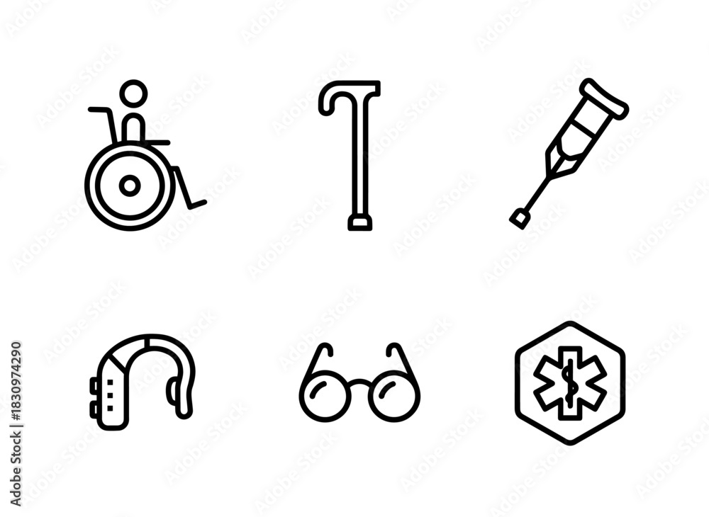 Fototapeta premium Wheelchair Walking Stick Mobility Aid Hearing Aid Glasses Medical Alert Minimal Bold Line Icon Set