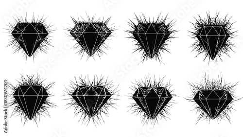 Collection of eight black diamond geometric shapes featuring rough spiky grunge texture and white outline facets,, isolated on white background