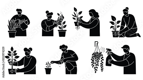 Collection of flat vector silhouette icons depicting various gardening activities like watering, pruning, repotting,, isolated on white background