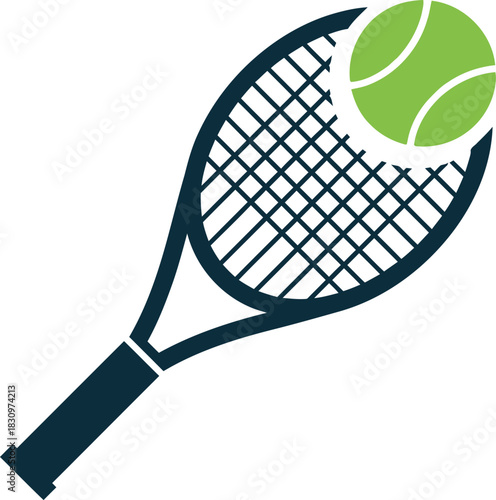 High-contrast vector of a tennis racket and ball (dark blue/teal and lime green). Detailed graphic with classic string pattern, perfect for sports club emblems, website headers, and athletic wear.